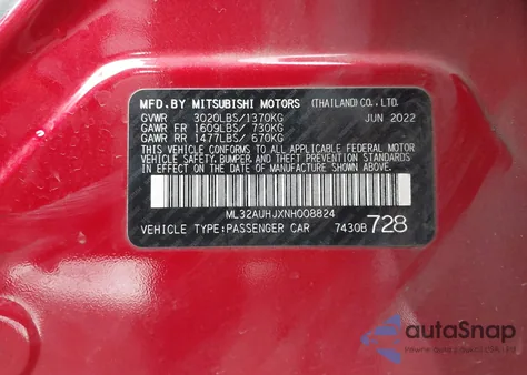 2022 Mitsubishi Mirage Es/Le z USA, uszkodzony, nr VIN ML32AUHJXNH008824